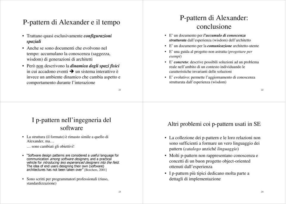 P-pattern di Alexander: conclusione E un documento per l accumulo di conoscenza strutturata dall esperienza (wisdom) dell architetto E un documento per la comunicazione architetto-utente E una guida