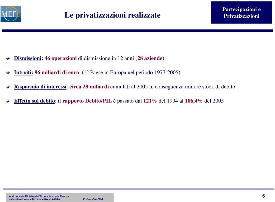 1977-2005) Risparmio di interessi: circa 28 miliardi cumulati al 2005 in conseguenza minore stock