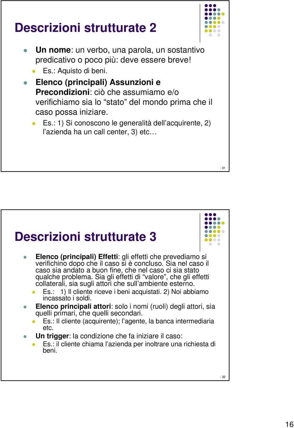 : 1) Si conoscono le generalità dell acquirente, 2) l azienda ha un call center, 3) etc -31 Descrizioni strutturate 3 Elenco (principali) Effetti: gli effetti che prevediamo si verifichino dopo che