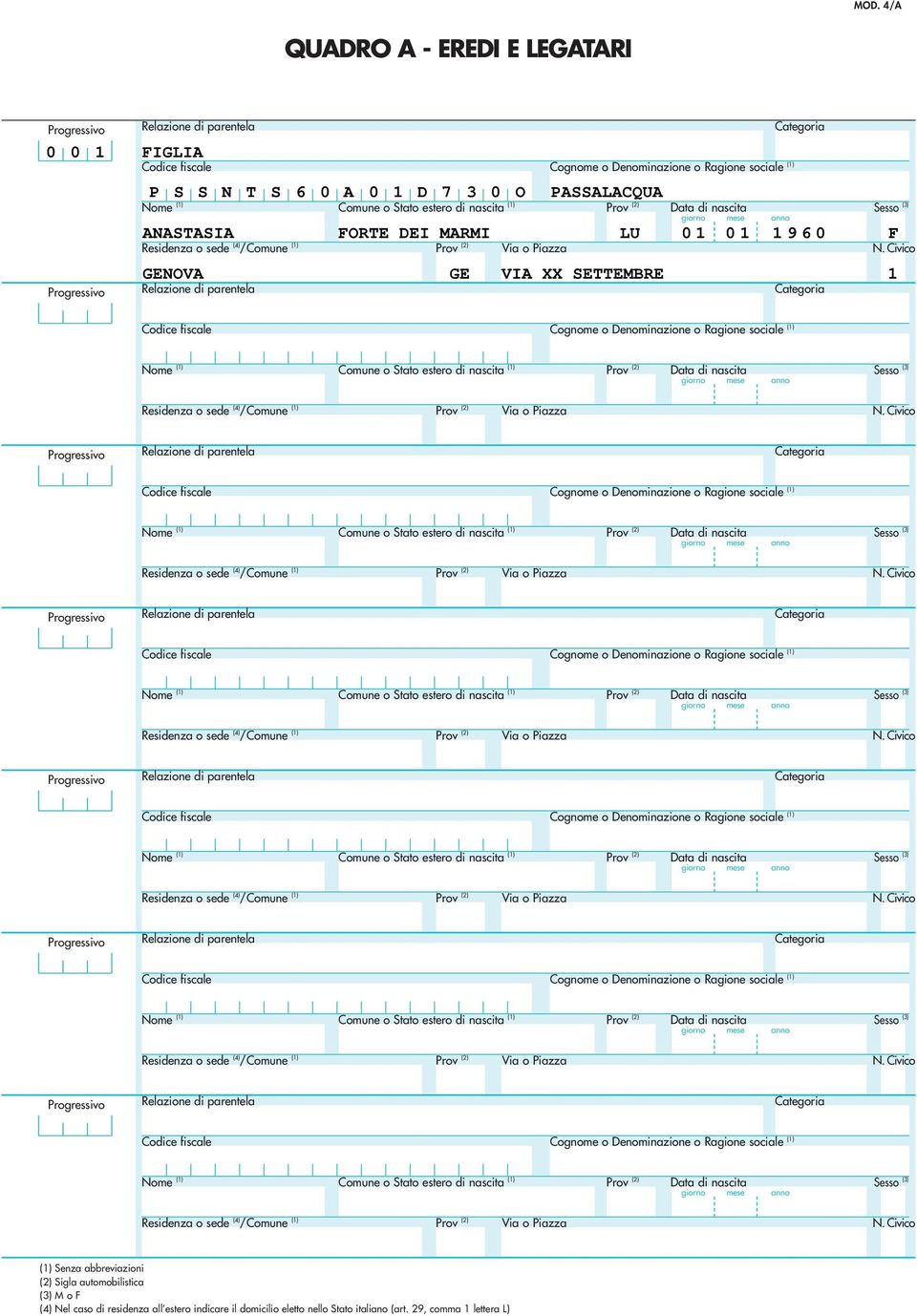 di nascita fiscale Data di nascita fiscale Data di nascita fiscale Data di nascita (1) Senza abbreviazioni () Sigla