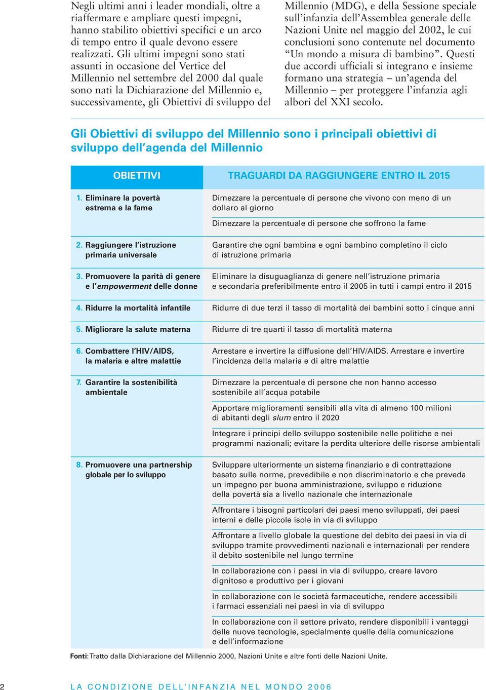 del Millennio (MDG), e della Sessione speciale sull infanzia dell Assemblea generale delle Nazioni Unite nel maggio del 2002, le cui conclusioni sono contenute nel documento Un mondo a misura di