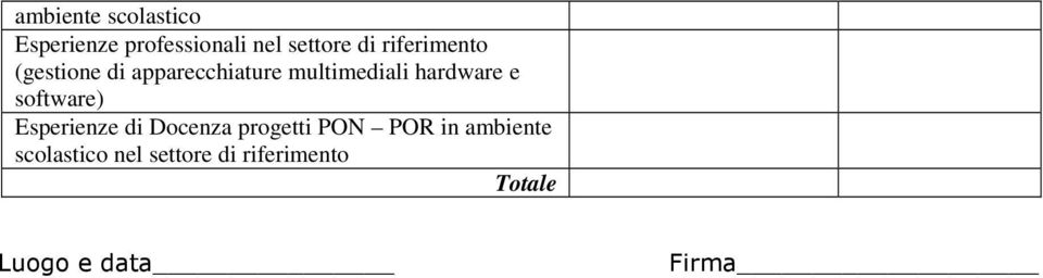 e software) Esperienze di Docenza progetti PON POR in ambiente