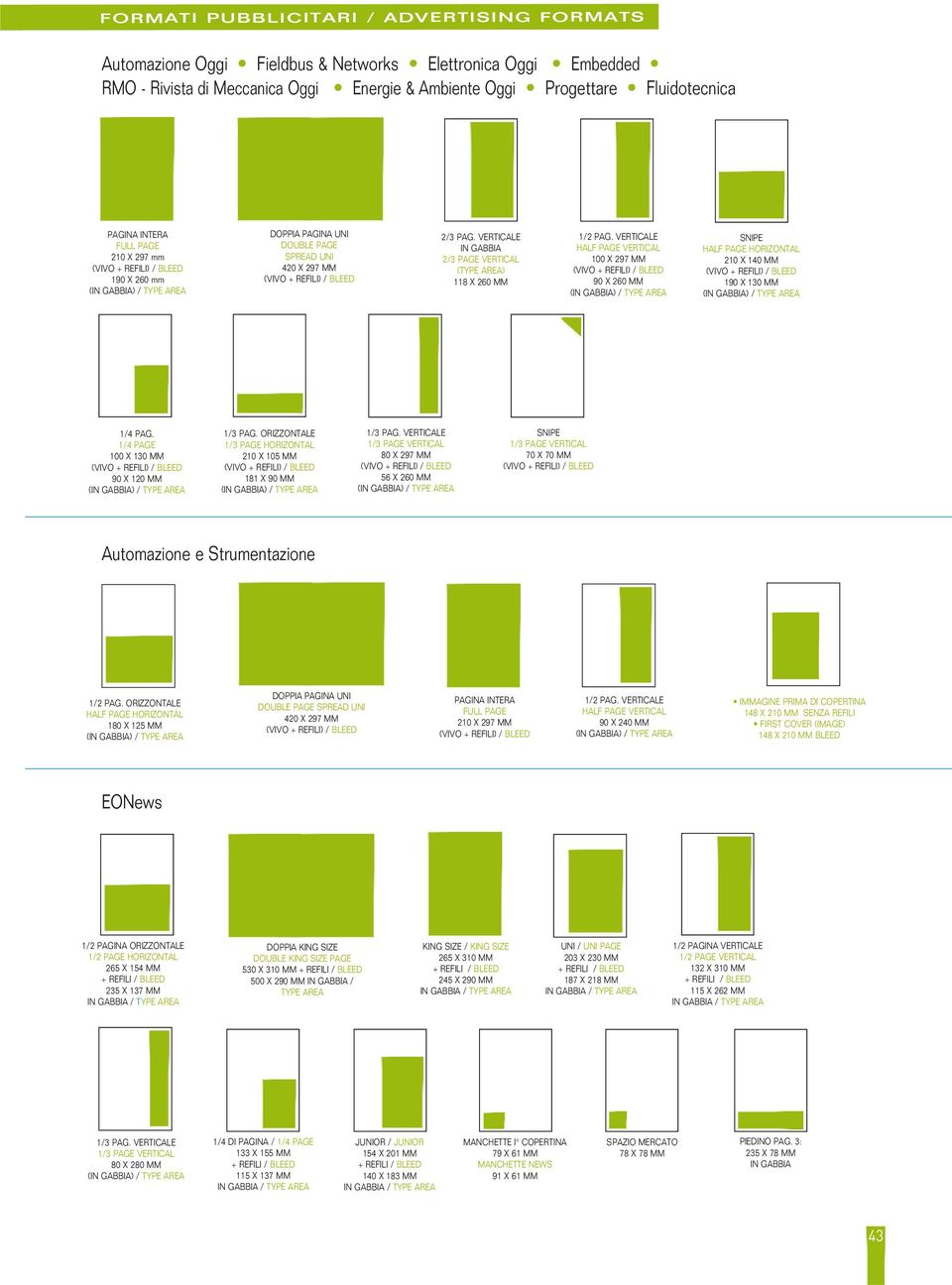 VERTICALE HALF PAGE VERTICAL 100 X 297 MM 90 X 260 MM SNIPE HALF PAGE HORIZONTAL 210 X 140 MM 190 X 130 MM 1/4 PAG. 1/4 PAGE 100 X 130 MM 90 X 120 MM 1/3 PAG.