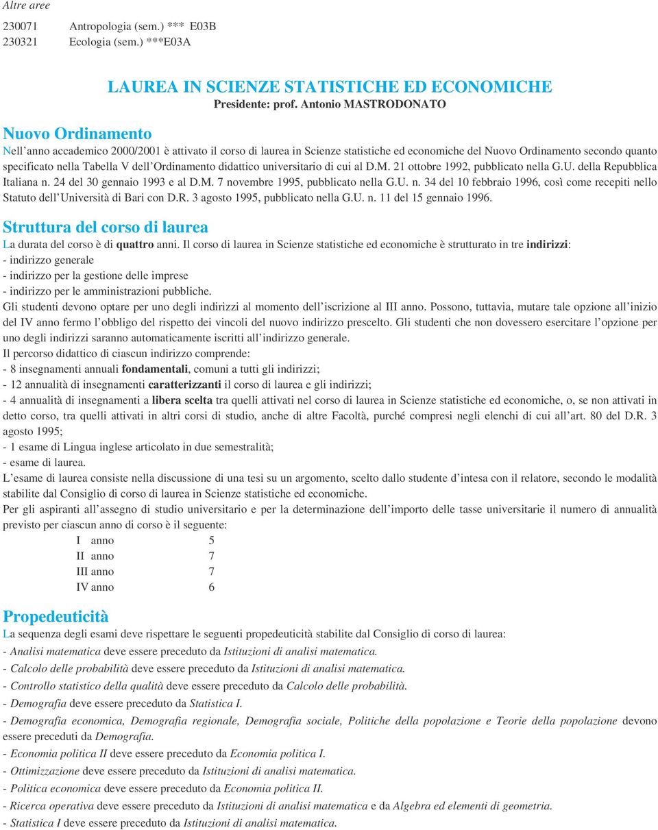 V dell Ordinamento didattico universitario di cui al D.M. 21 ottobre 1992, pubblicato nella G.U. della Repubblica Italiana n. 24 del 30 gennaio 1993 e al D.M. 7 novembre 1995, pubblicato nella G.U. n. 34 del 10 febbraio 1996, così come recepiti nello Statuto dell Università di Bari con D.