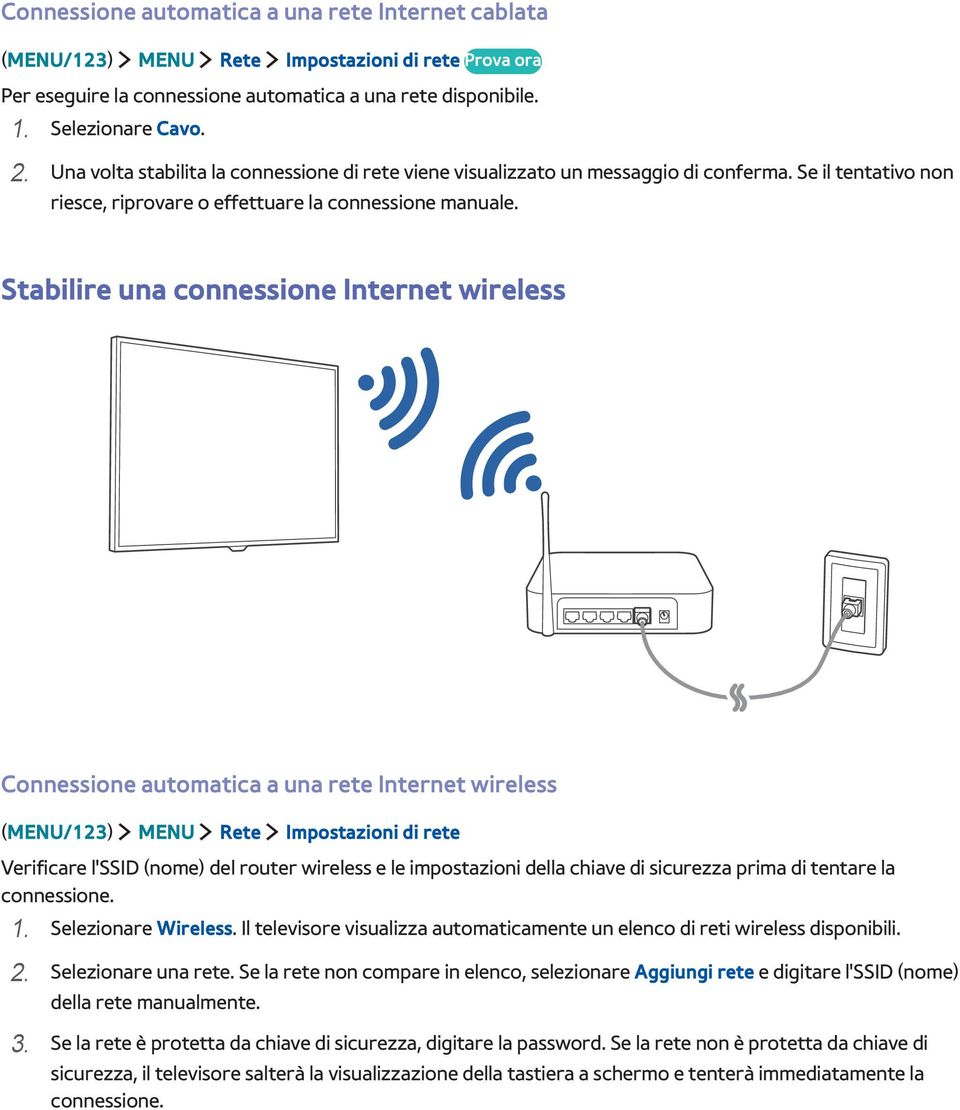 Stabilire una connessione Internet wireless Connessione automatica a una rete Internet wireless (MENU/123) MENU Rete Impostazioni di rete Verificare l'ssid (nome) del router wireless e le