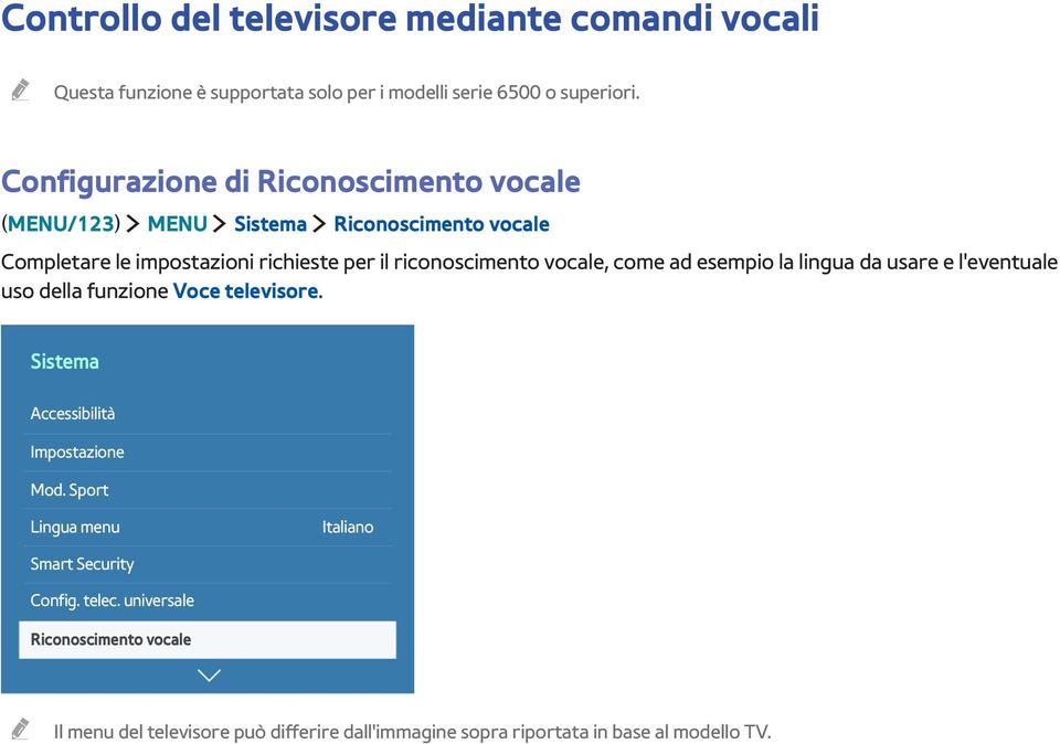 vocale, come ad esempio la lingua da usare e l'eventuale uso della funzione Voce televisore. Sistema Accessibilità Impostazione Mod.