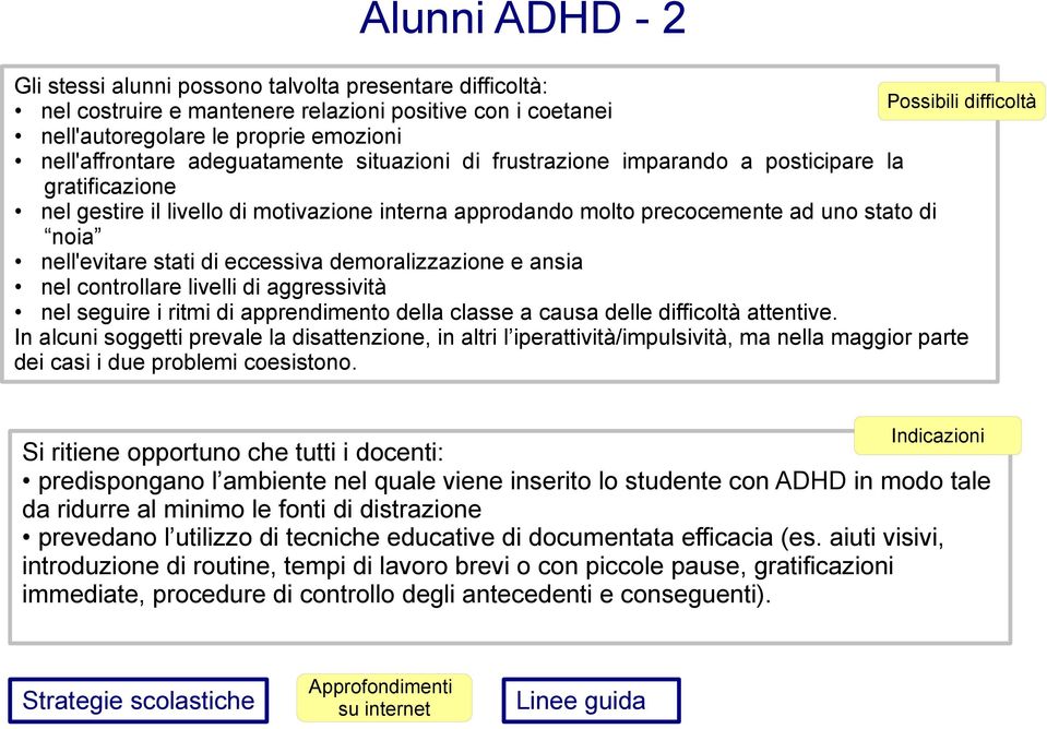 nell'evitare stati di eccessiva demoralizzazione e ansia nel controllare livelli di aggressività nel seguire i ritmi di apprendimento della classe a causa delle difficoltà attentive.