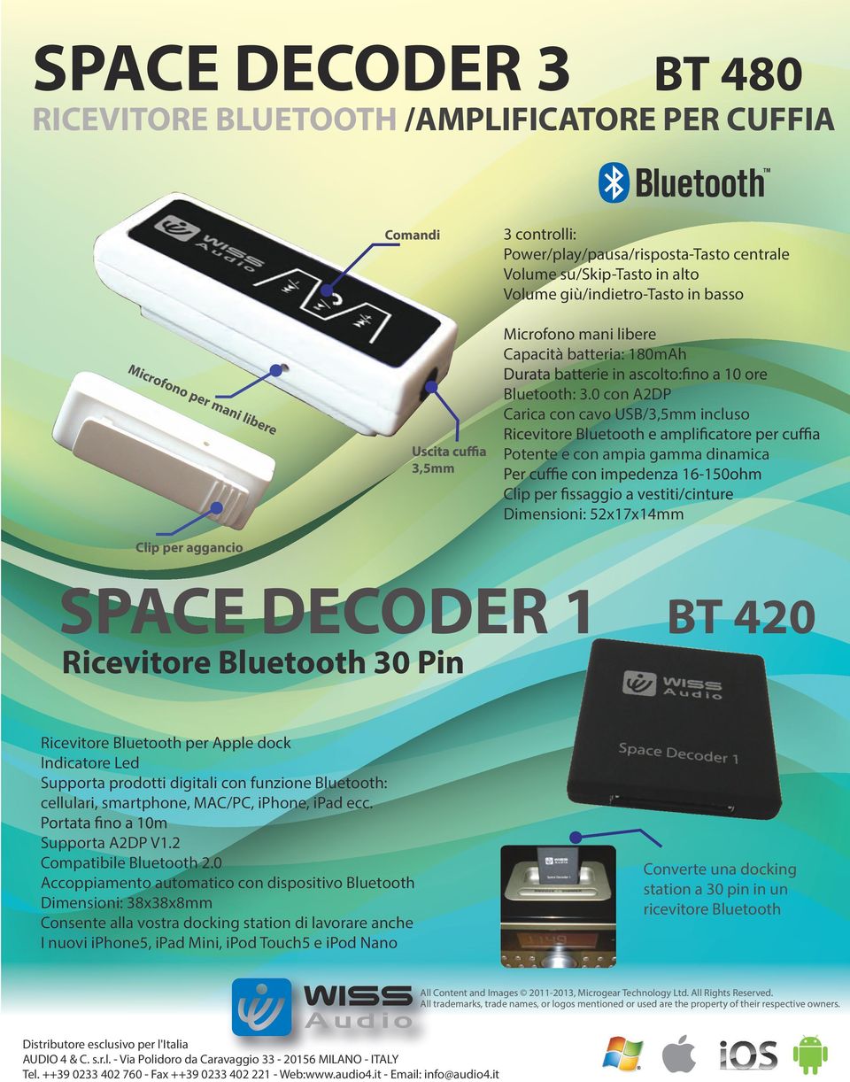 0 con A2DP Carica con cavo USB/3,5mm incluso 3,5mm Potente e con ampia gamma dinamica Dimensioni: 52x17x14mm Clip per aggancio SPACE DECODER 1 BT 420 Ricevitore Bluetooth 30 Pin Ricevitore Bluetooth