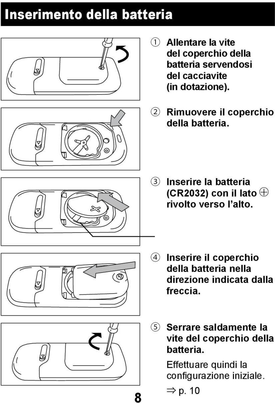 3 Inserire la batteria (CR2032) con il lato rivolto verso l alto.