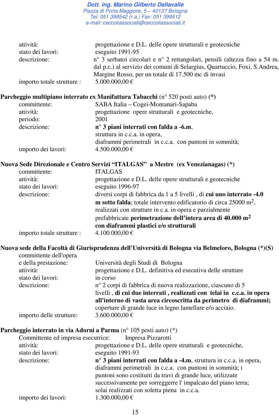 000,00 Parcheggio multipiano interrato ex Manifattura Tabacchi (n 520 posti auto) (*) SABA Italia Cogei-Montanari-Sapaba progettazione opere strutturali e geotecniche, periodo: 2001 n 3 piani