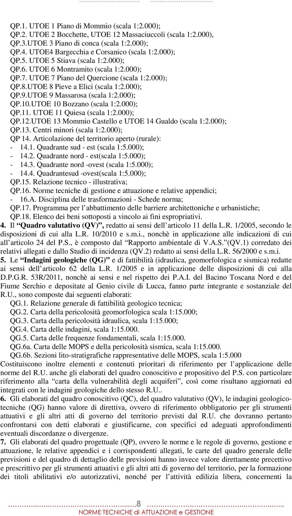 UTOE 9 Massarosa (scala 1:2.000); QP.10.UTOE 10 Bozzano (scala 1:2.000); QP.11. UTOE 11 Quiesa (scala 1:2.000); QP.12.UTOE 13 Mommio Castello e UTOE 14 Gualdo (scala 1:2.000); QP.13. Centri minori (scala 1:2.