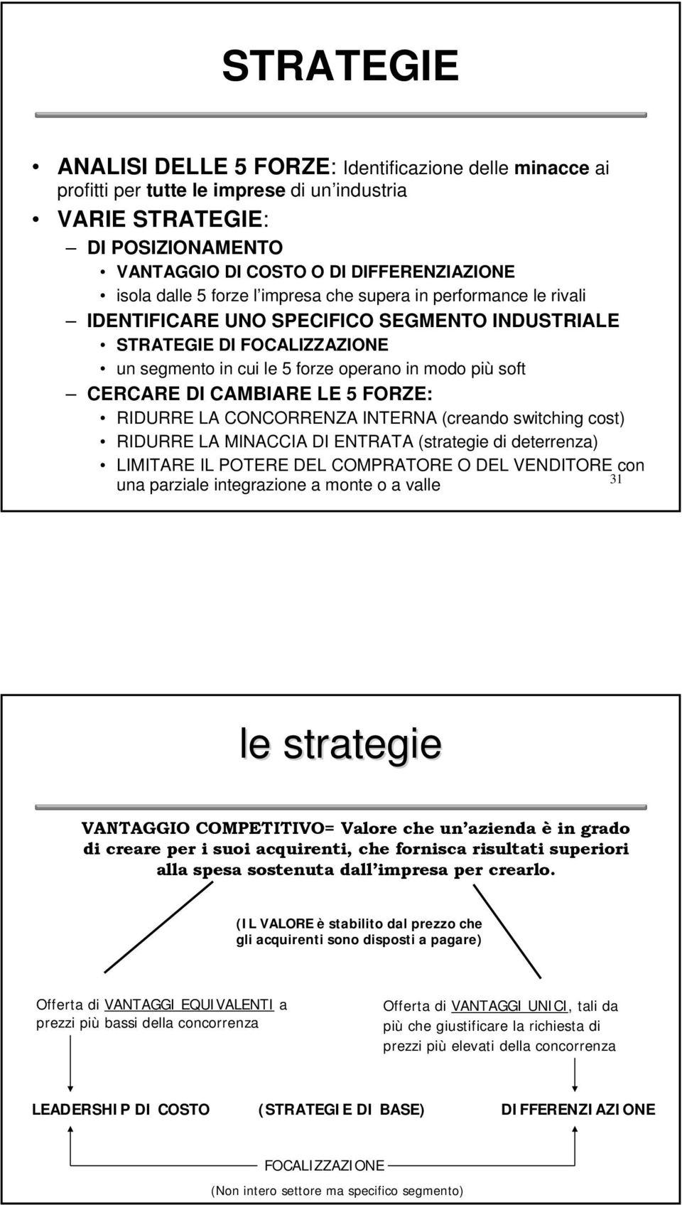 CAMBIARE LE 5 FORZE: RIDURRE LA CONCORRENZA INTERNA (creando switching cost) RIDURRE LA MINACCIA DI ENTRATA (strategie di deterrenza) LIMITARE IL POTERE DEL COMPRATORE O DEL VENDITORE con 31 una