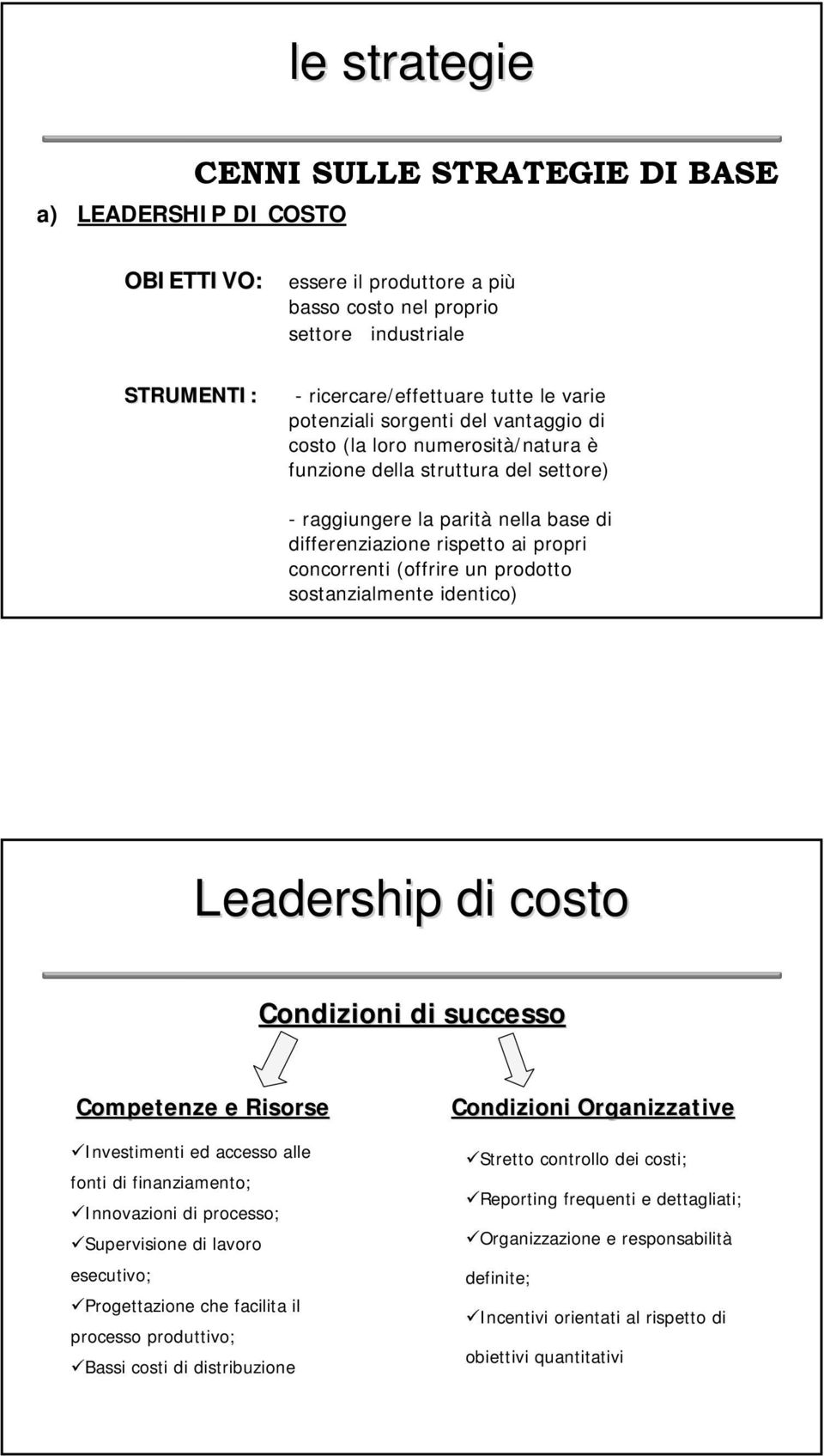 (offrire un prodotto sostanzialmente identico) Leadership di costo Condizioni di successo Competenze e Risorse Investimenti ed accesso alle fonti di finanziamento; Innovazioni di processo;