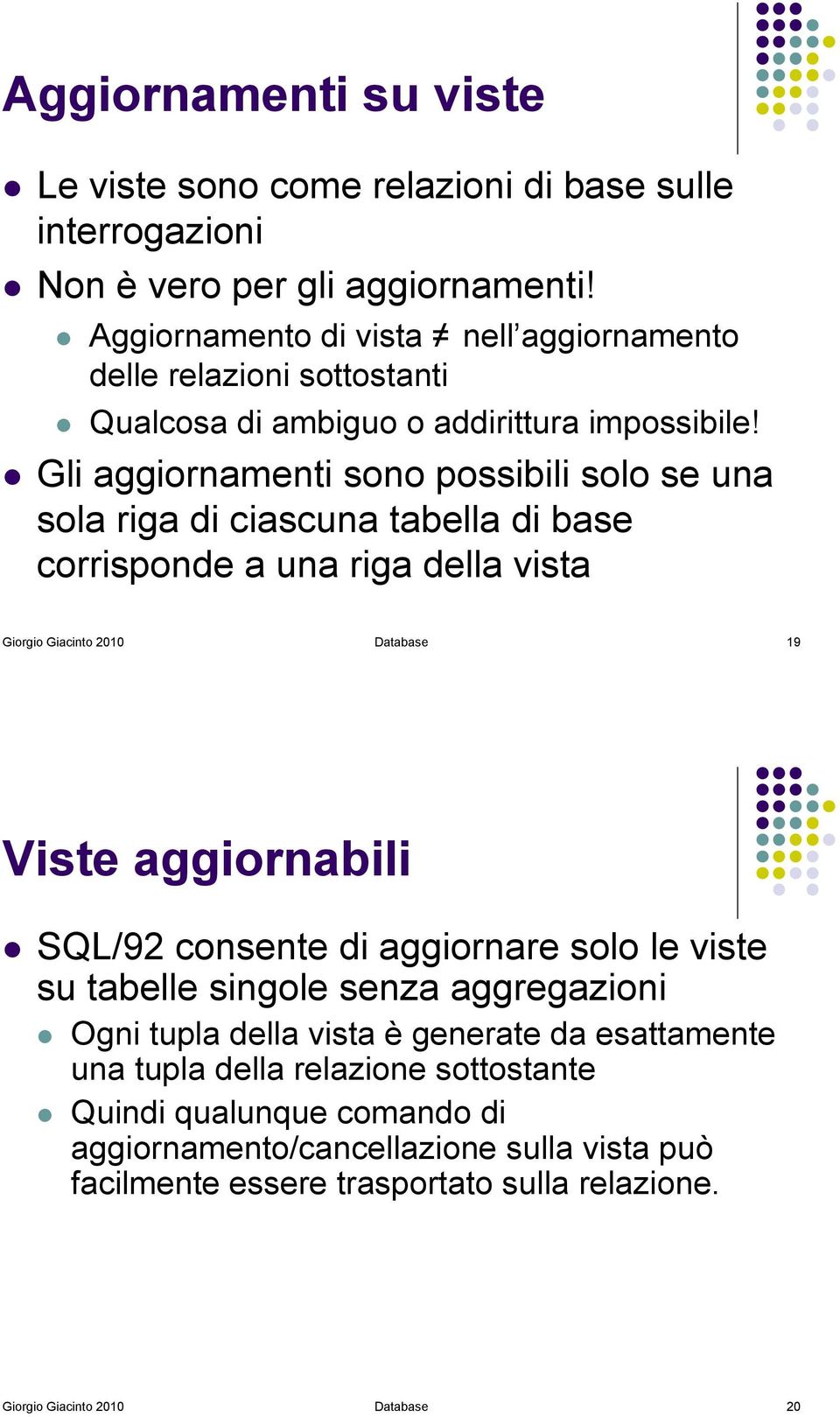 ! Gli aggiornamenti sono possibili solo se una sola riga di ciascuna tabella di base corrisponde a una riga della vista Giorgio Giacinto 2010 Database 19 Viste aggiornabili!