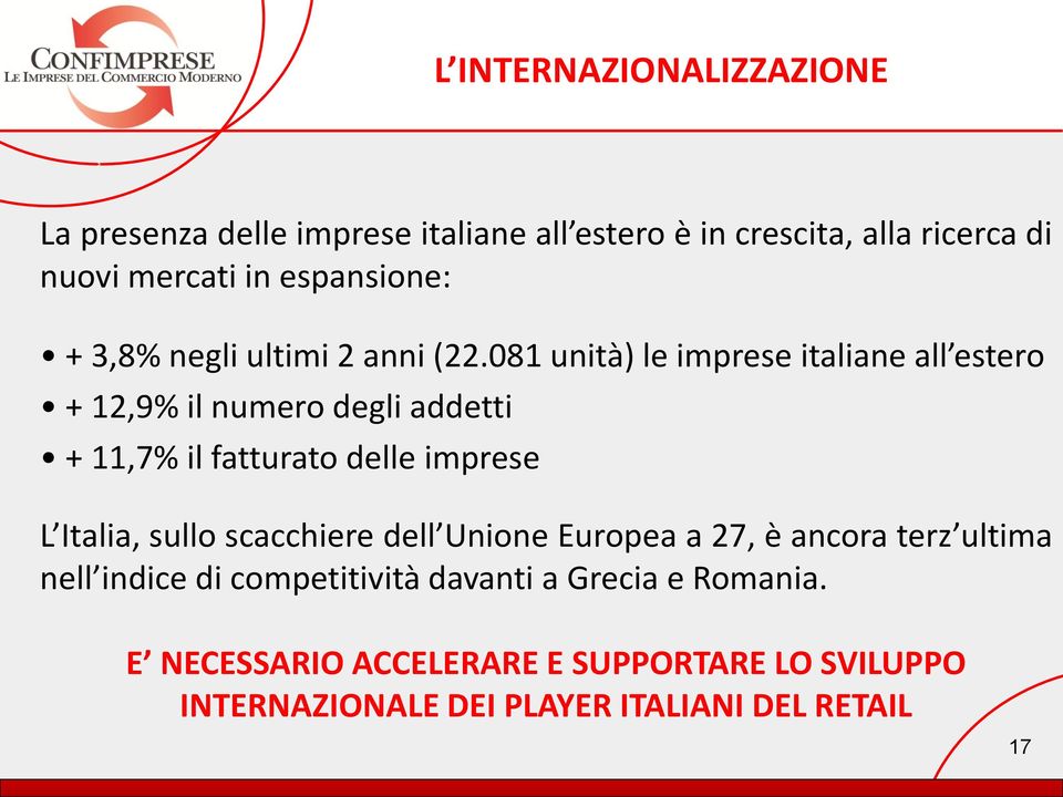 081 unità) le imprese italiane all estero + 12,9% il numero degli addetti + 11,7% il fatturato delle imprese L Italia, sullo