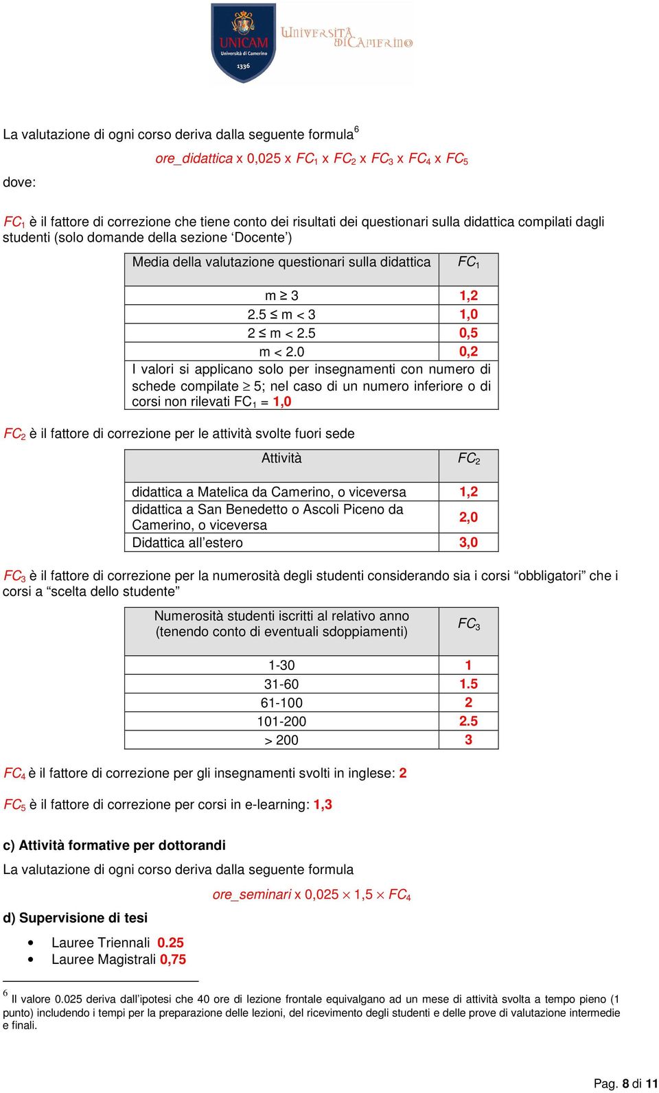 0 0,2 I valori si applicano solo per insegnamenti con numero di schede compilate 5; nel caso di un numero inferiore o di corsi non rilevati FC 1 = 1,0 FC 2 è il fattore di correzione per le attività