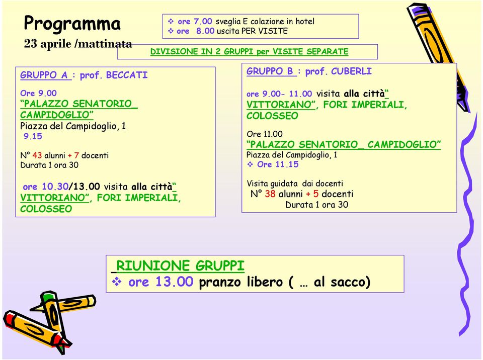 00 uscita PER VISITE DIVISIONE IN 2 GRUPPI per VISITE SEPARATE GRUPPO B : prof. CUBERLI ore 9.00-11.