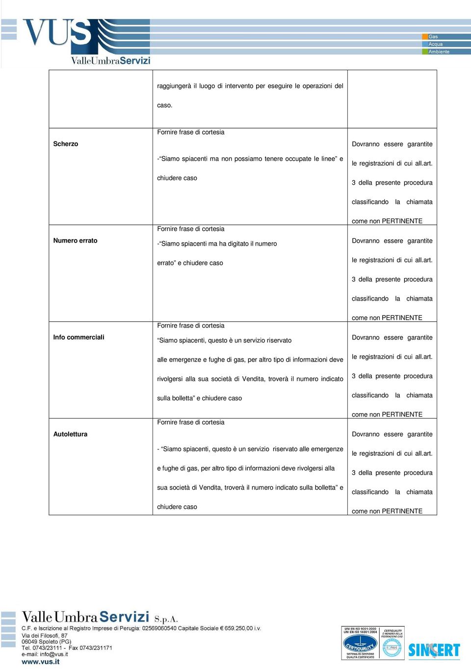 digitato il numero errato e chiudere caso come non PERTINENTE classificando la chiamata Info commerciali Autolettura Fornire frase di cortesia Siamo spiacenti, questo è un servizio riservato alle