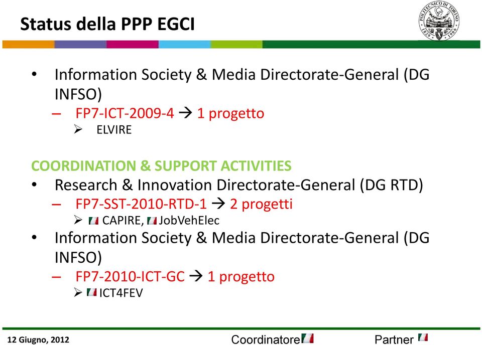 Directorate General (DG RTD) FP7 SST 2010 RTD 1 2 progetti CAPIRE, JobVehElec Information