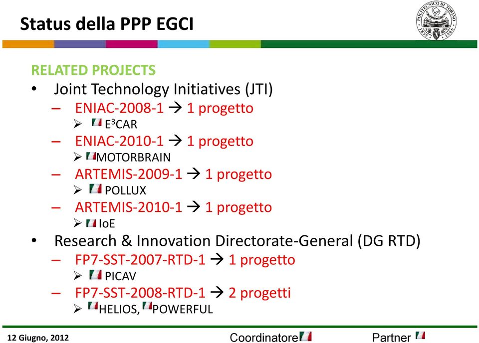 ARTEMIS 2010 1 1 progetto IoE Research & Innovation Directorate General (DG RTD) FP7 SST