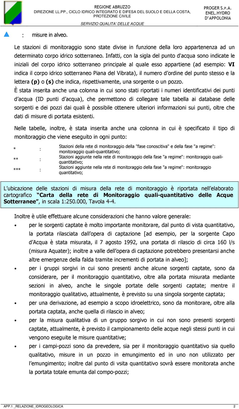 Infatti, con la sigla del sono indicate le iniziali del corpo idrico sotterraneo al quale esso appartiene (ad esempio: VI indica il corpo idrico sotterraneo Piana del Vibrata), il numero d ordine del