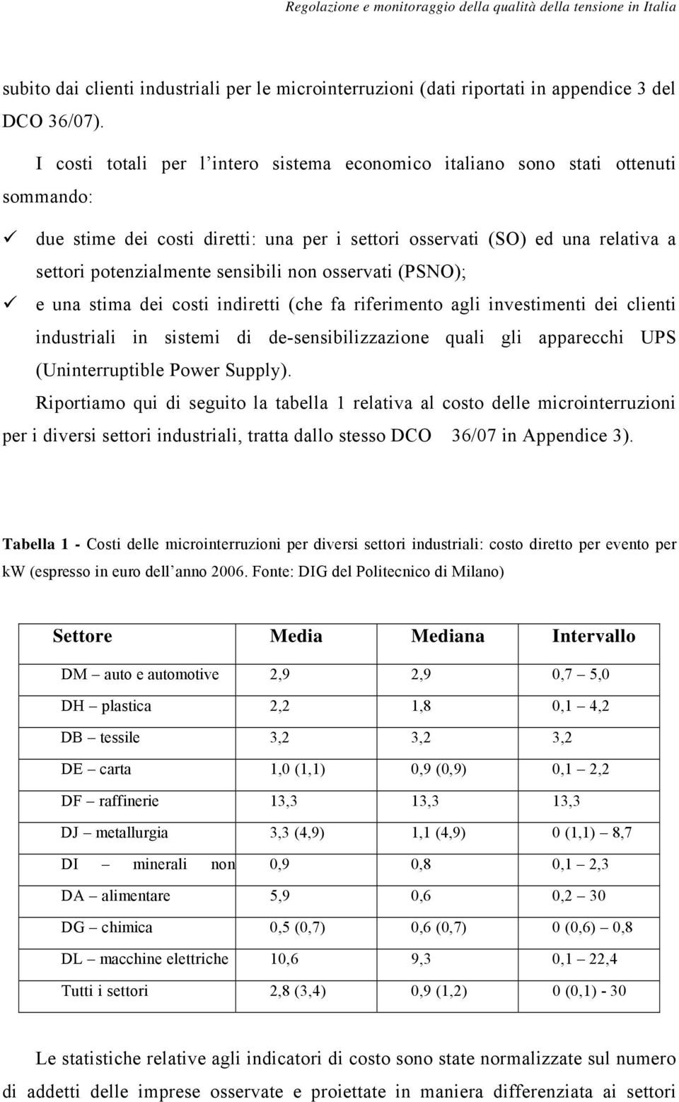 non osservati (PSNO); e una stima dei costi indiretti (che fa riferimento agli investimenti dei clienti industriali in sistemi di de-sensibilizzazione quali gli apparecchi UPS (Uninterruptible Power