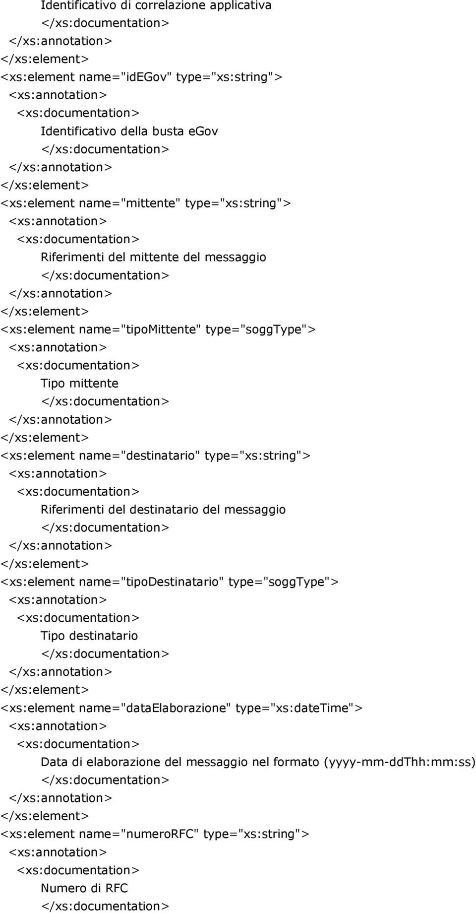 type="xs:string"> Riferimenti del destinatario del messaggio <xs:element name="tipodestinatario" type="soggtype"> Tipo destinatario <xs:element