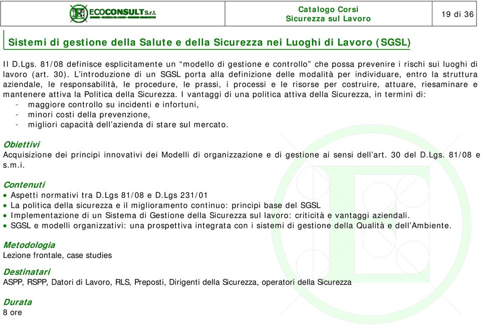 L introduzione di un SGSL porta alla definizione delle modalità per individuare, entro la struttura aziendale, le responsabilità, le procedure, le prassi, i processi e le risorse per costruire,