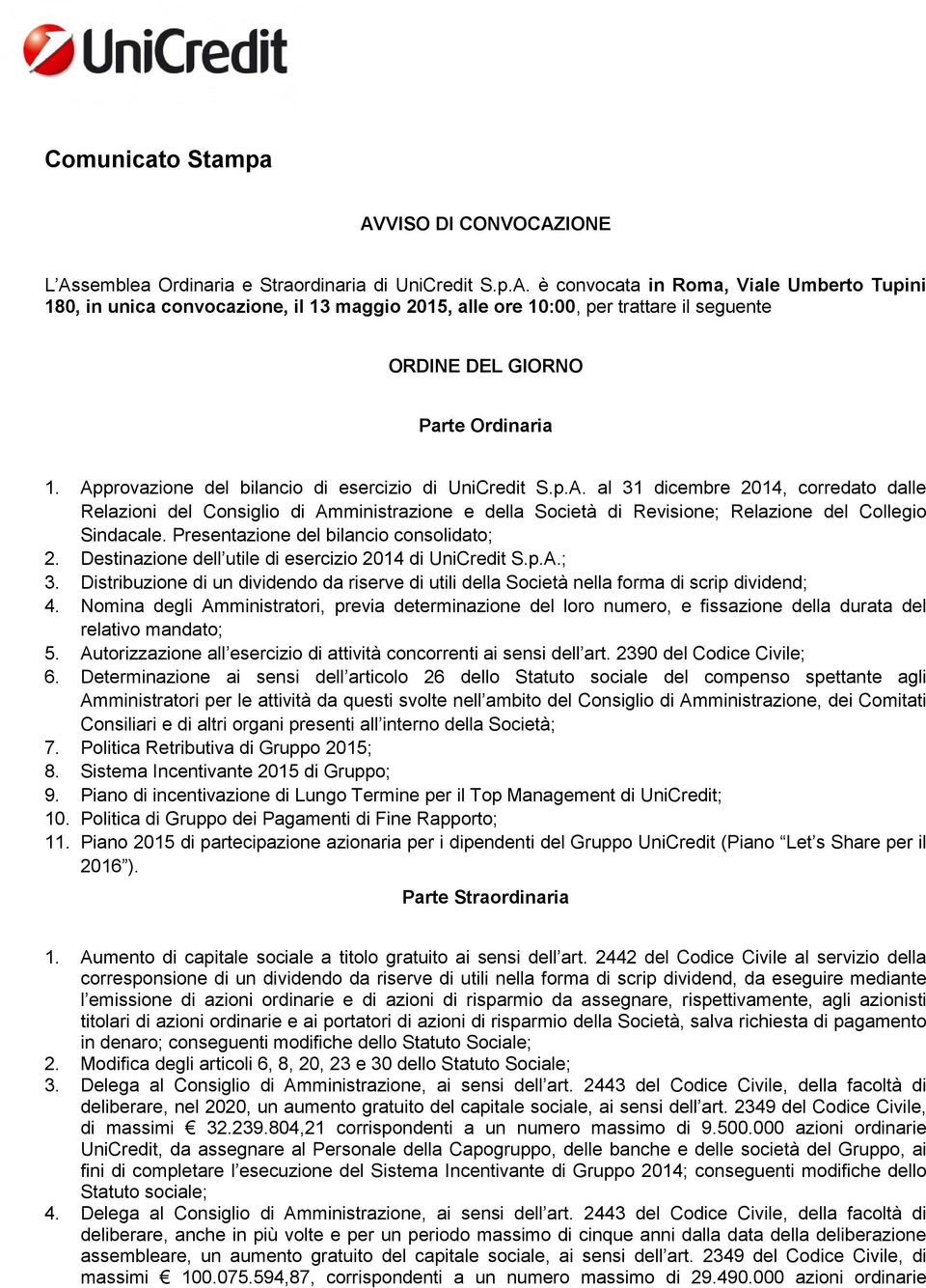 Presentazione del bilancio consolidato; 2. Destinazione dell utile di esercizio 2014 di UniCredit S.p.A.; 3.