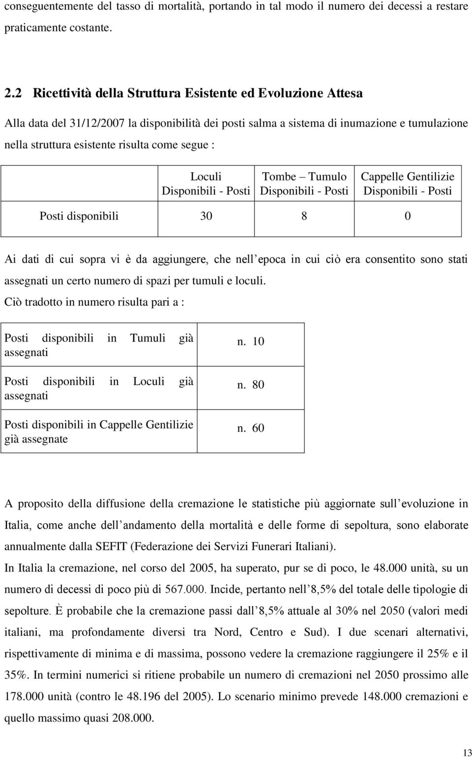 segue : Loculi Disponibili - Posti Tombe Tumulo Disponibili - Posti Cappelle Gentilizie Disponibili - Posti Posti disponibili 30 8 0 Ai dati di cui sopra vi è da aggiungere, che nell epoca in cui ciò