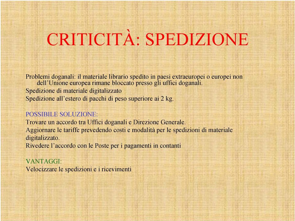 POSSIBILE SOLUZIONE: Trovare un accordo tra Uffici doganali e Direzione Generale.