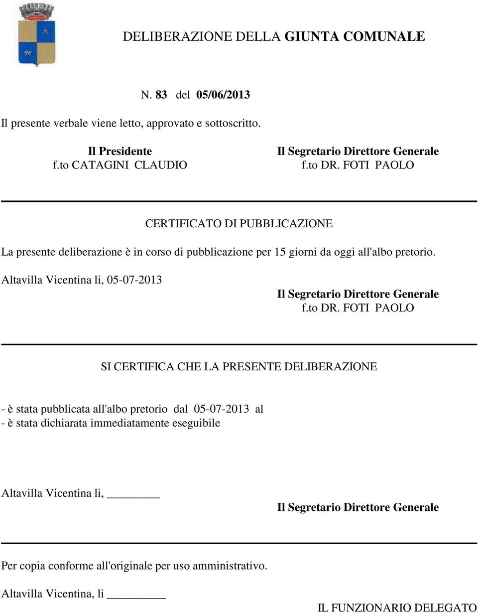 FOTI PAOLO CERTIFICATO DI PUBBLICAZIONE La presente deliberazione è in corso di pubblicazione per 15 giorni da oggi all'albo pretorio.