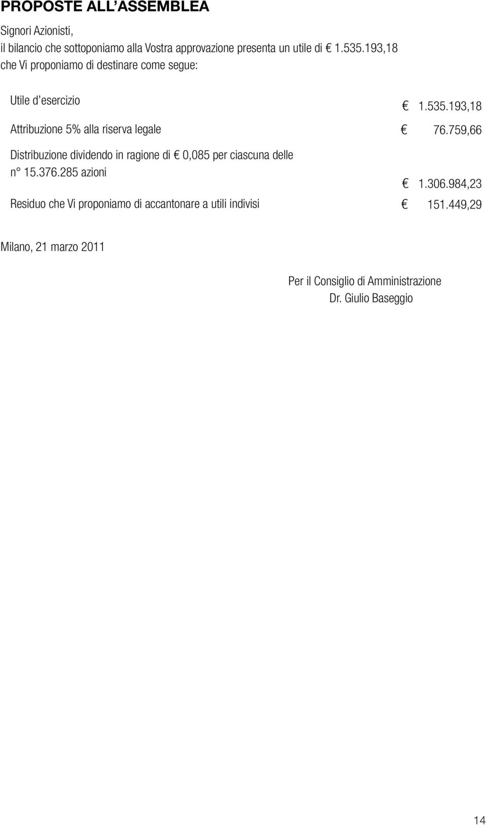 759,66 Distribuzione dividendo in ragione di 0,085 per ciascuna delle n 15.376.285 azioni 1.306.