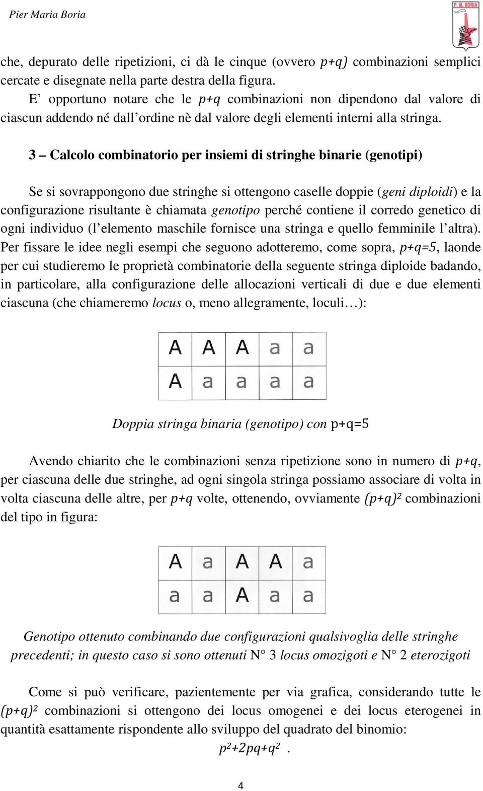 3 Calcolo combinatorio per insiemi di stringhe binarie (genotipi) Se si sovrappongono due stringhe si ottengono caselle doppie (geni diploidi) e la configurazione risultante è chiamata genotipo