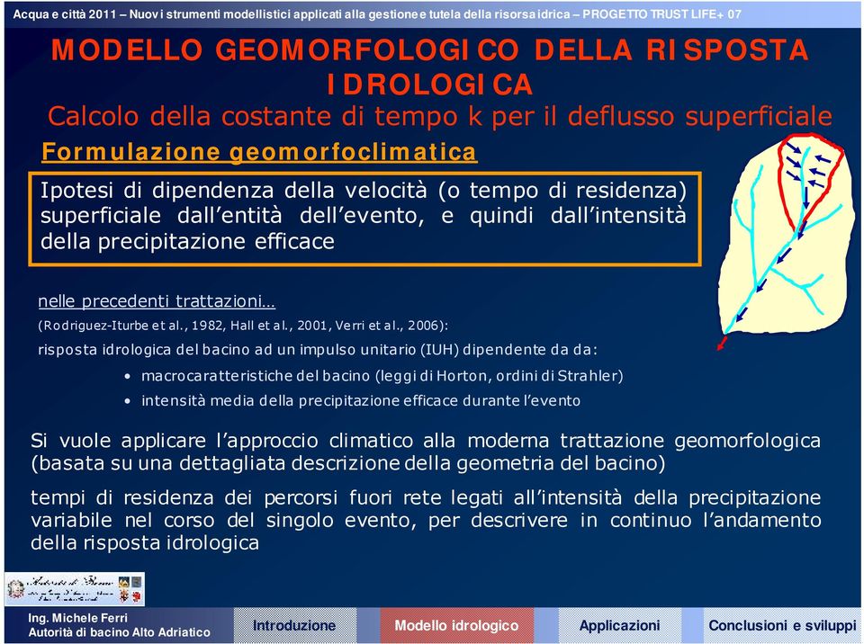 , 2006): risposta idrologica del bacino ad un impulso unitario (IUH) dipendente da da: macrocaratteristiche del bacino (leggi di Horton, ordini di Strahler) intensità media della precipitazione