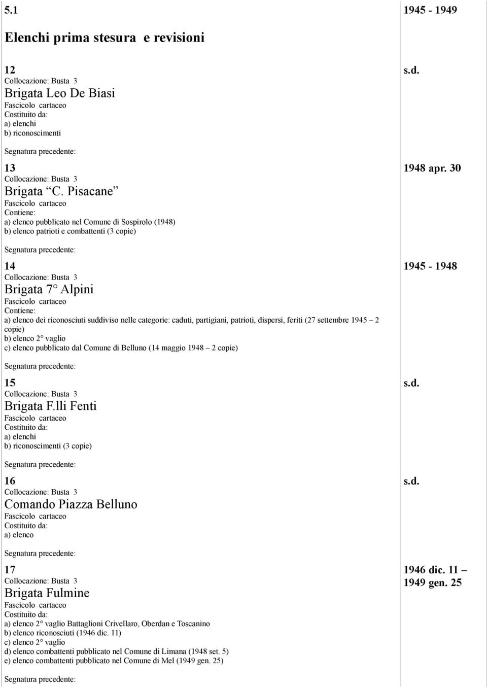 patrioti, dispersi, feriti (27 settembre 1945 2 copie) b) elenco 2 vaglio c) elenco pubblicato dal Comune di Belluno (14 maggio 1948 2 copie) 15 Brigata F.