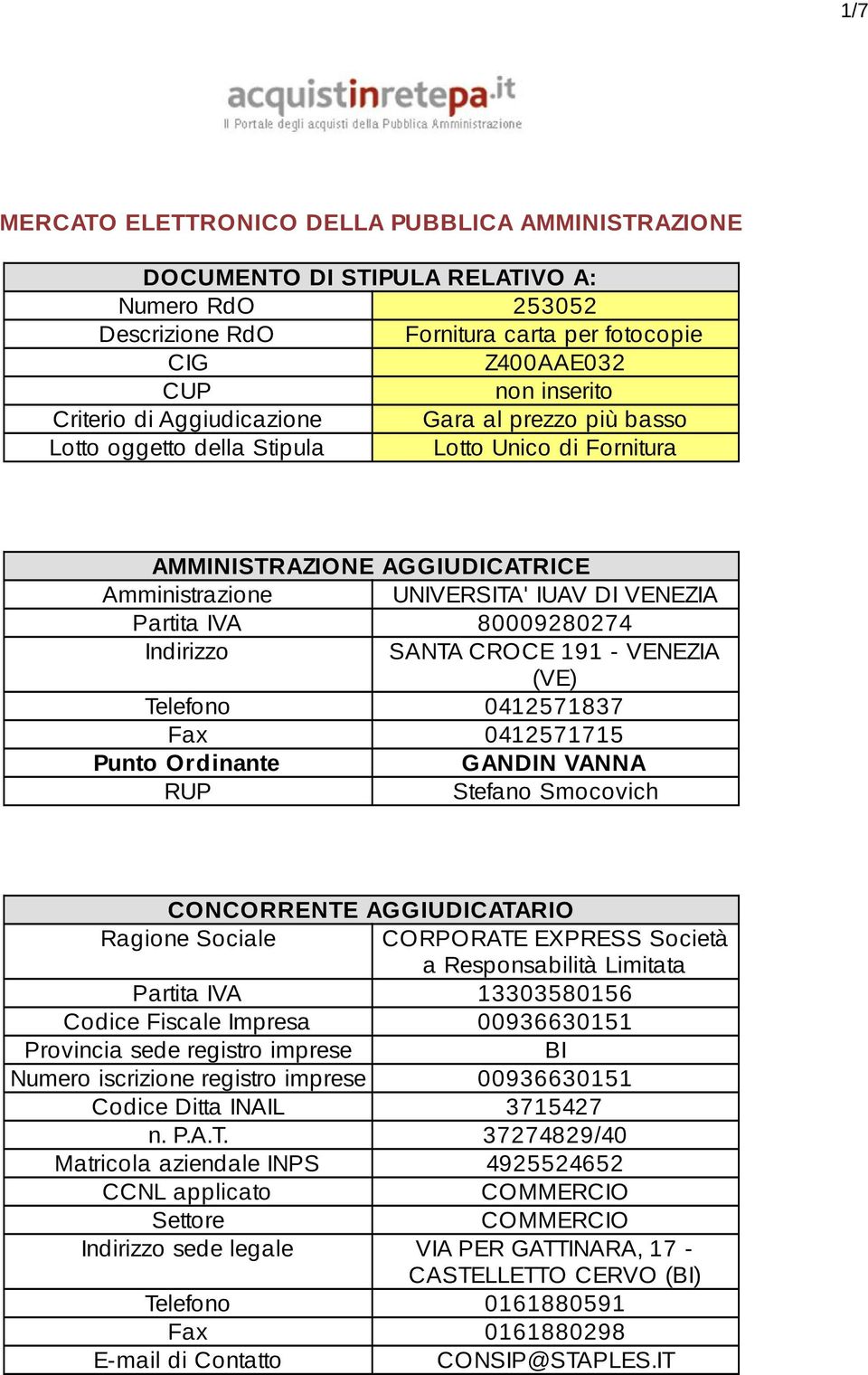 191 - VENEZIA (VE) Telefono 0412571837 Fax 0412571715 Punto Ordinante GANDIN VANNA RUP Stefano Smocovich CONCORRENTE AGGIUDICATARIO Ragione Sociale CORPORATE EXPRESS Società a Responsabilità Limitata