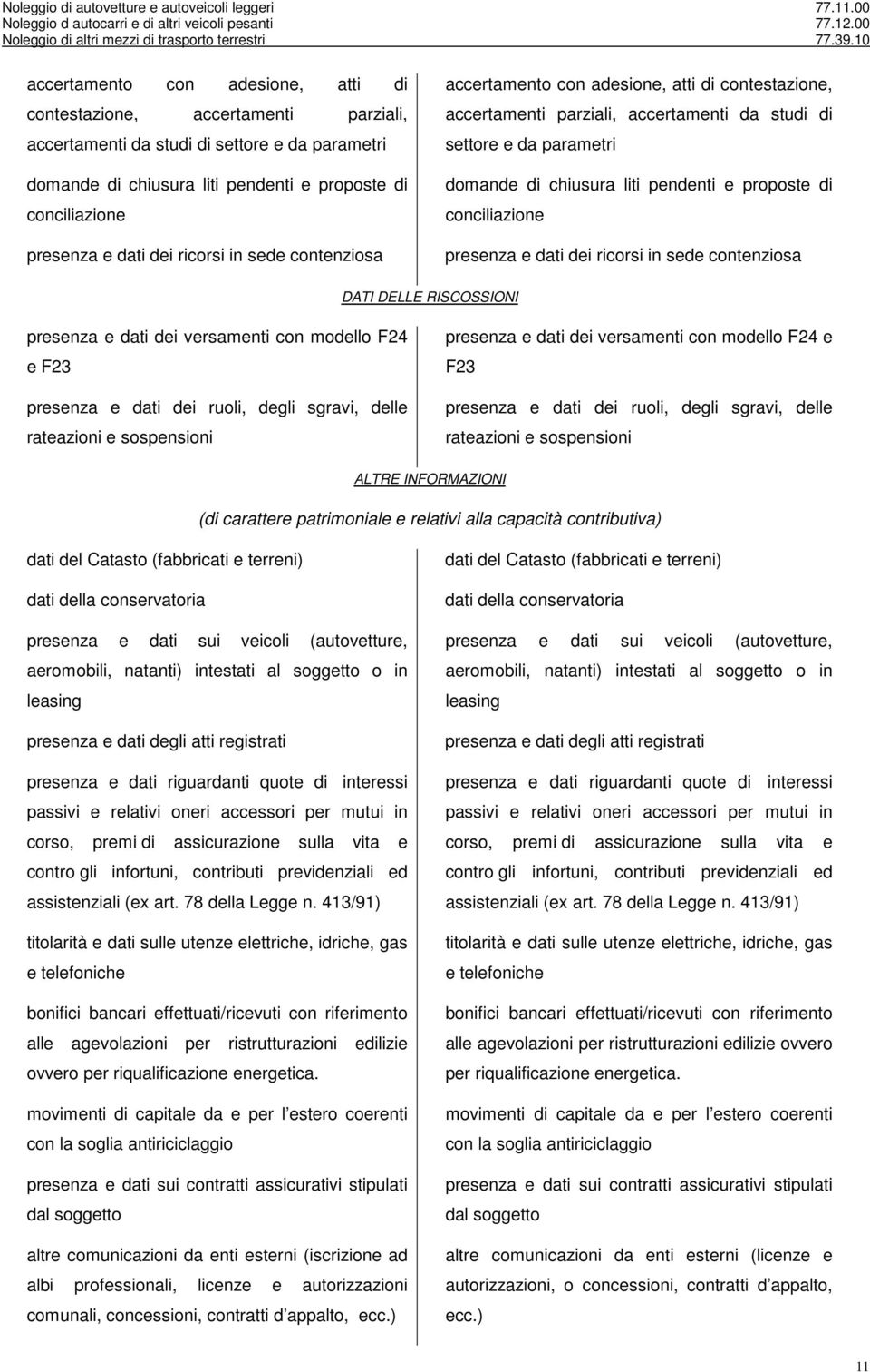 e sospensioni presenza e dati dei versamenti con modello F24 e F23 presenza e dati dei ruoli, degli sgravi, delle rateazioni e sospensioni ALTRE INFORMAZIONI (di carattere patrimoniale e relativi