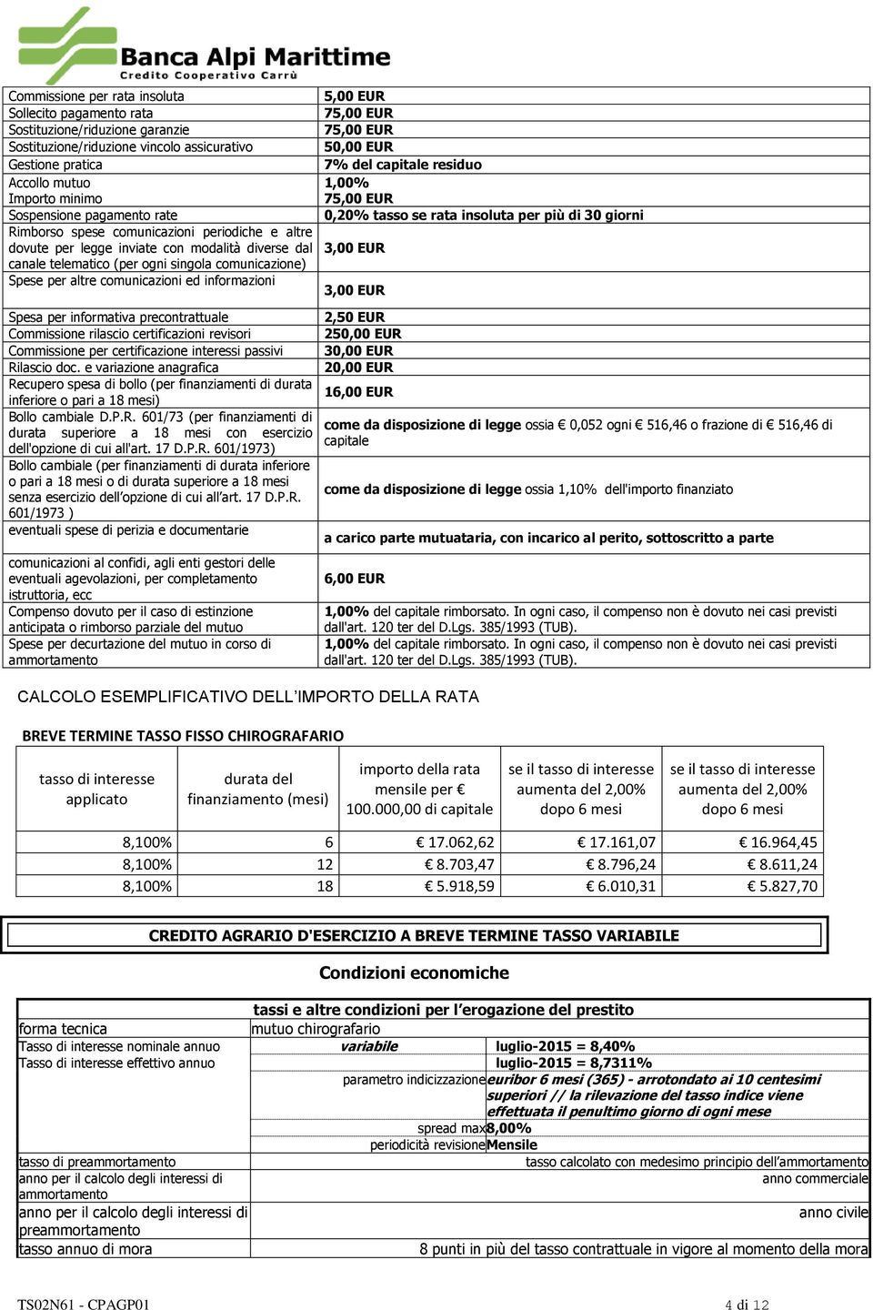 5,00 EUR 50,00 EUR 7% del capitale residuo 1,00% 0,20% tasso se rata insoluta per più di 30 giorni Spesa per informativa precontrattuale Commissione rilascio certificazioni revisori 250,00 EUR