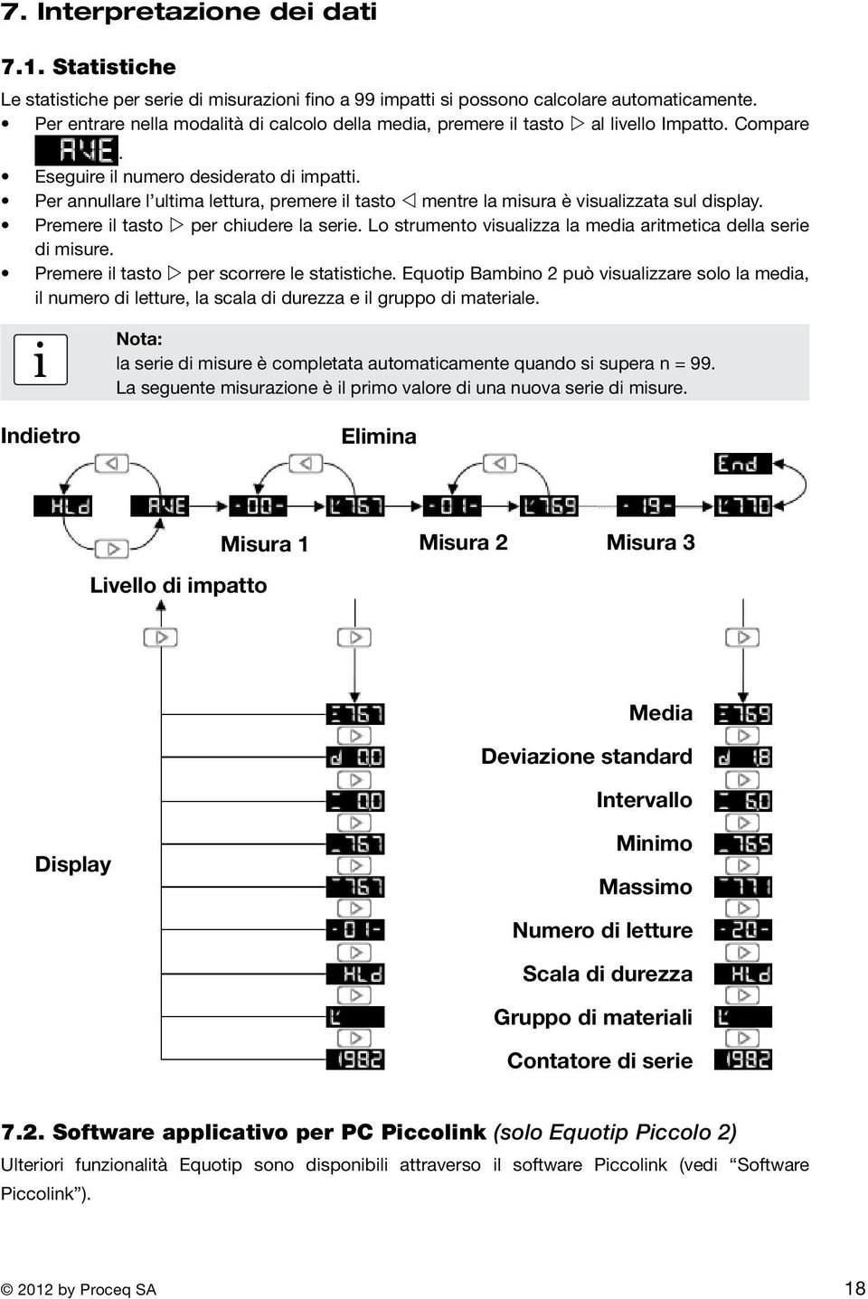 Per annullare l ultma lettura, premere l tasto mentre la msura è vsualzzata sul dsplay. Premere l tasto per chudere la sere. Lo strumento vsualzza la meda artmetca della sere d msure.