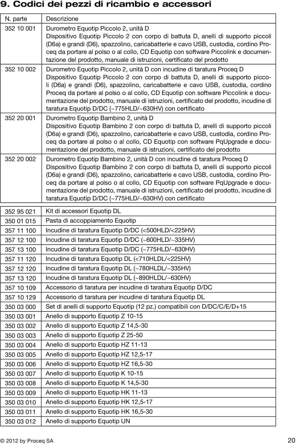 cordno Proceq da portare al polso o al collo, CD Equotp con software Pccolnk e documentazone del prodotto, manuale d struzon, certfcato del prodotto 352 10 002 Durometro Equotp Pccolo 2, untà D con