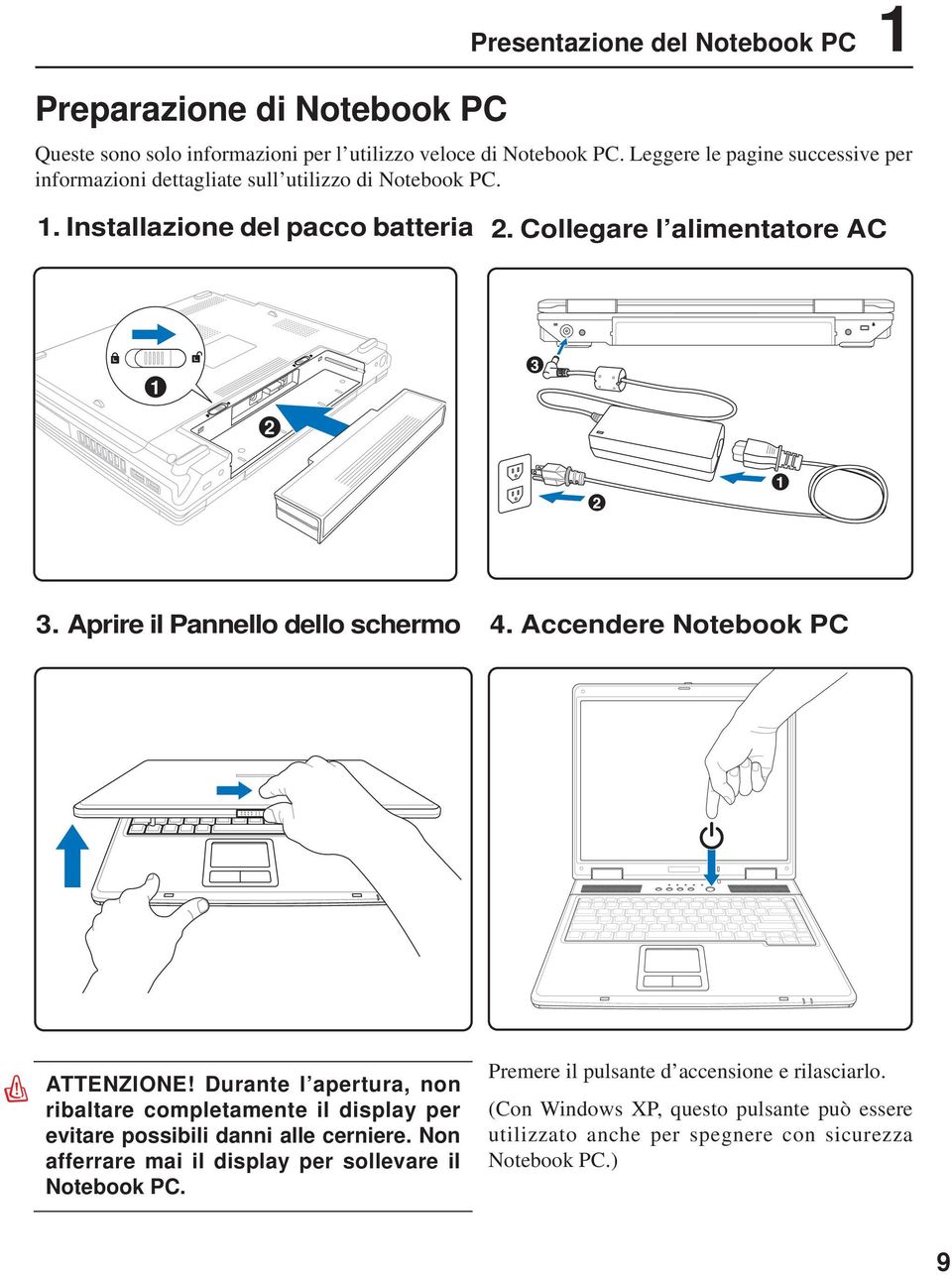 Aprire il Pannello dello schermo 4. Accendere Notebook PC ATTENZIONE!