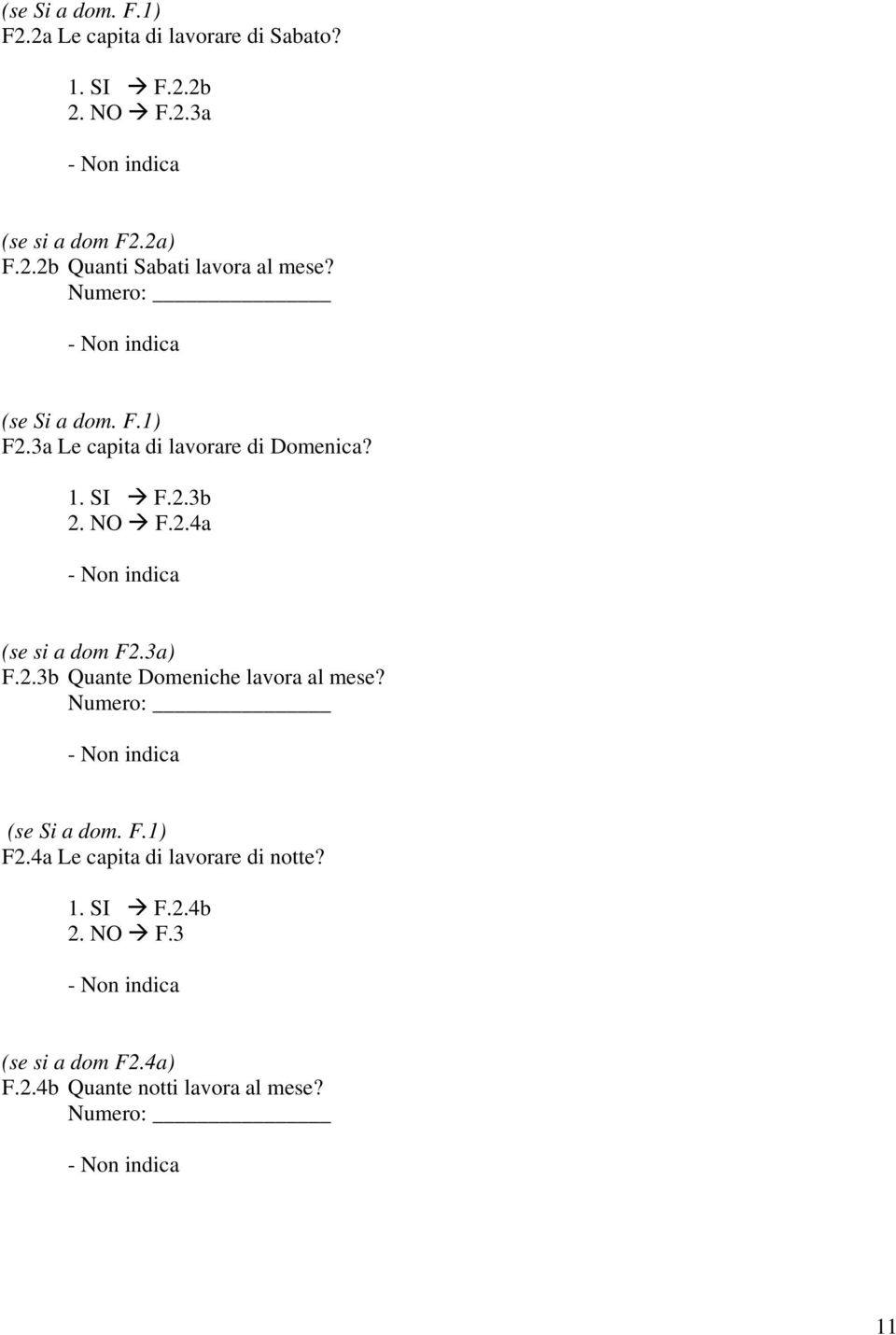 3a) F.2.3b Quante Domeniche lavora al mese? Numero: (se Si a dom. F.1) F2.4a Le capita di lavorare di notte? 1.