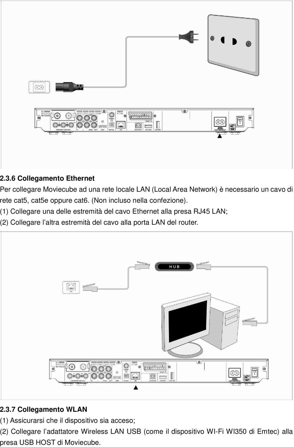 (1) Collegare una delle estremità del cavo Ethernet alla presa RJ45 LAN; (2) Collegare l altra estremità del cavo alla porta LAN