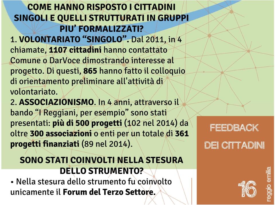 Di questi, 865 hanno fatto il colloquio di orientamento preliminare all'attività di volontariato. 2. ASSOCIAZIONISMO.