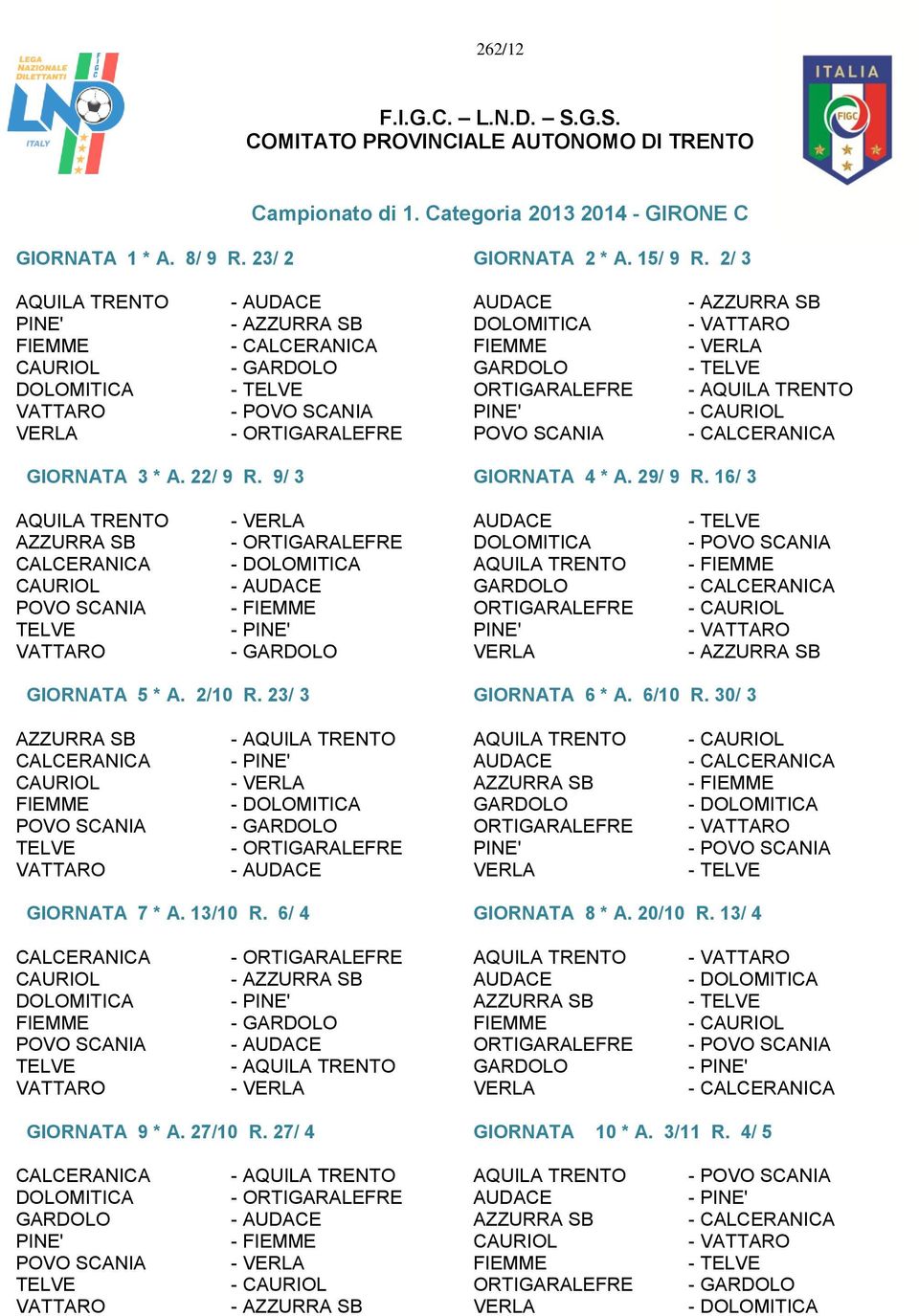 TRENTO VATTARO - POVO SCANIA PINE' - CAURIOL VERLA - ORTIGARALEFRE POVO SCANIA - CALCERANICA GIORNATA 3 * A. 22/ 9 R. 9/ 3 GIORNATA 4 * A. 29/ 9 R.