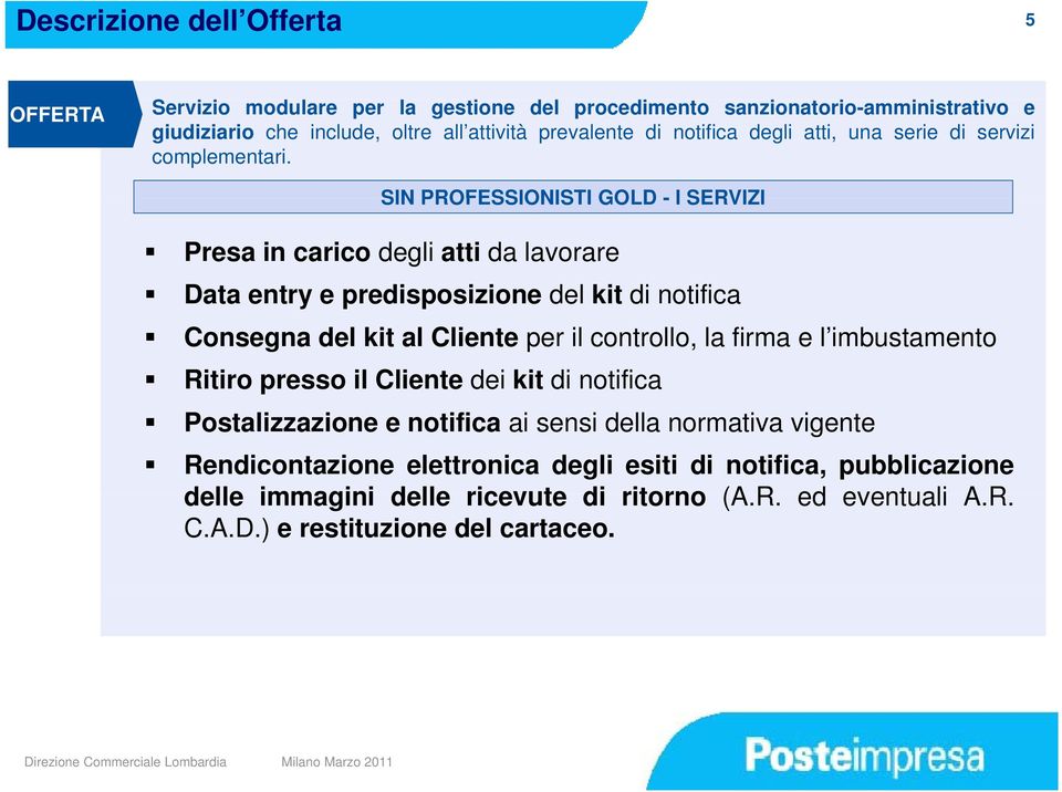 SIN PROFESSIONISTI GOLD - I SERVIZI Presa in carico degli atti da lavorare Data entry e predisposizione del kit di notifica Consegna del kit al Cliente per il controllo, la