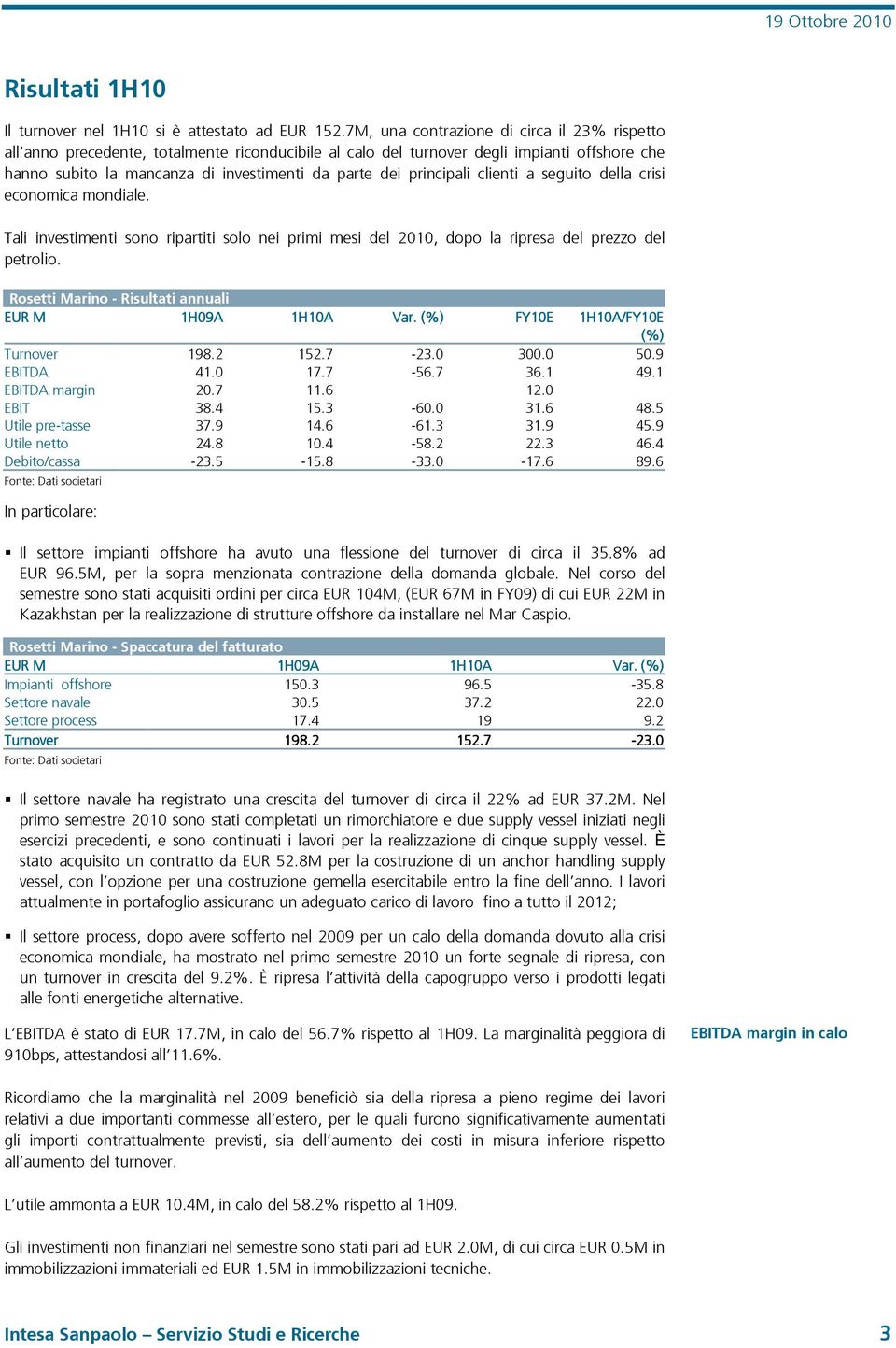 principali clienti a seguito della crisi economica mondiale. Tali investimenti sono ripartiti solo nei primi mesi del 2010, dopo la ripresa del prezzo del petrolio.