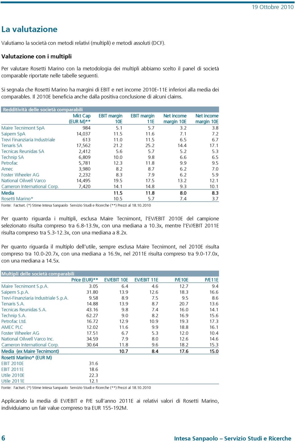 Si segnala che Rosetti Marino ha margini di EBIT e net income 2010E-11E inferiori alla media dei comparables. Il 2010E beneficia anche dalla positiva conclusione di alcuni claims.