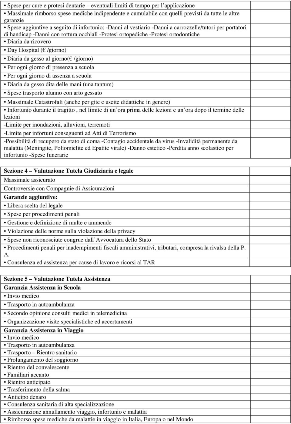 Day Hospital ( /giorno) Diaria da gesso al giorno( /giorno) Per ogni giorno di presenza a scuola Per ogni giorno di assenza a scuola Diaria da gesso dita delle mani (una tantum) Spese trasporto